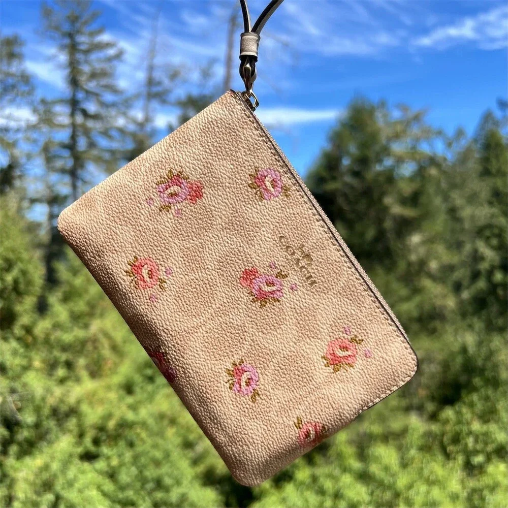 COACH Signature Chalk/Sand Multi Wristlet Wallet Floral Print Gold Hardware NWT